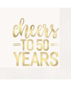 16 stk Servietter med Gullfarget Cheers to 50 Years Tekst 33x33 cm
