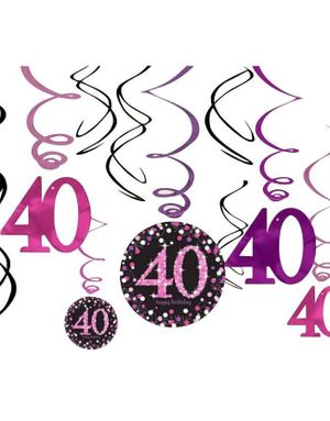 12 stk 40-Års Bursdag Svart og Rosa Hengende Swirls