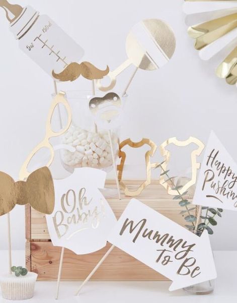 10 stk Gullfarget Babyshower Selfie- / Fotoeffekter - Oh Baby
