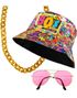 80-talls Party Kit – Bucket-hatt, Gullkjede og Rosa Solbriller