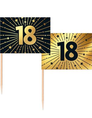 50 Stk 18 år Mat/Kakeflagg 6,5 cm - Svart og Gull