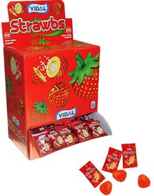 200 stk Vidal Strawbs - Jordbærtyggegummi med Flytende Fyll i Dispenser Eske 1 kg