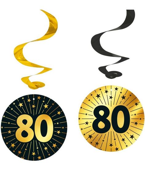 4 stk 80-års Feiring Hengende Swirls - Svart og Gull