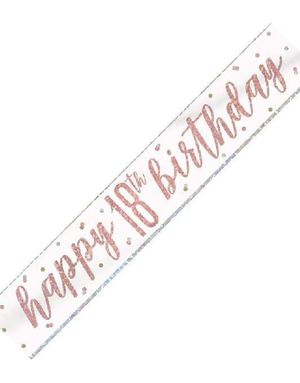 Happy 18th Birthday - 2,7 Meter Hvit og Rosegull Holografisk Banner
