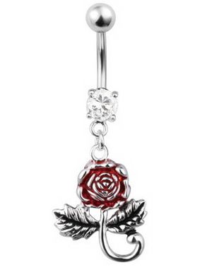 Navlepiercing med Rose - Sølv/Svart/Rød