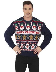 Blå "Merry Christmas" Julegenser med Forskjellige Julemotiver til Herre (Strikkegenser)