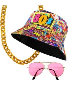 80-talls Party Kit – Bucket-hatt, Gullkjede og Rosa Solbriller