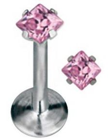 Labrett Piercing med Firkantet Rosa Sten