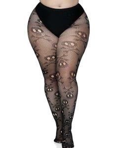 Svart Nettingstrømpebukse m/ Hodekallle Mønster Plus Size