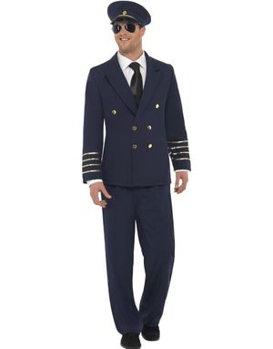 Mørkeblått Pilotkostyme med Gulldetaljer og Hatt til Mann