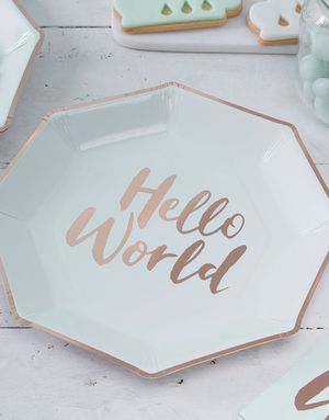8 stk Mintgrønne Papptallerkener med Foliert Gullfarget Tekst 25 cm - Hello World