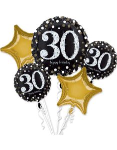 Happy 30th Birthday - Svart og Gullfarget Ballongbukett med 5 Folieballonger