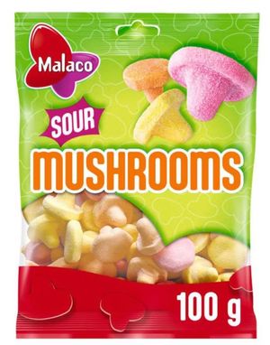 Pose med Malaco Sour Mushrooms - Forskjellige Sure Skumbiter 100 gram