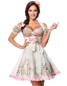 Hvit Dirndl Oktoberfestkjole i Luksuskvalitet med Utformet Blomster på Forkle