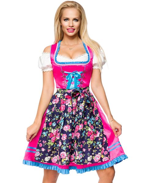 Rosa Dirndl Oktoberfest Korsettkjole i Luksuskvalitet med Forkle