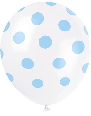 6 stk 30 cm - Hvite Ballonger med Lys Blå Polka Dots