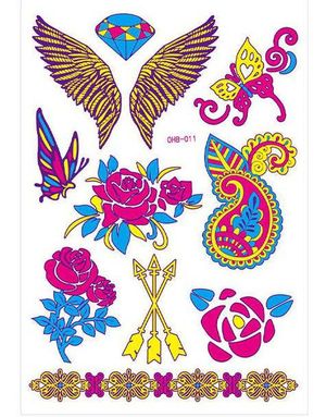 Ark med Forskjellige Fluorescerende Vinger, Diamant, Blomster og Andre Tatoveringer (UV Fake Tattoo)