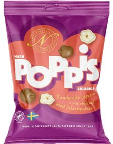 Narr Poppis Licorice - Kandisert Popcorn med Hvit Sjokolade og Lakrispulver 90 gram