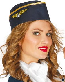 Blå Flyvertinne Hatt med Gullfarget Kant og Emblem