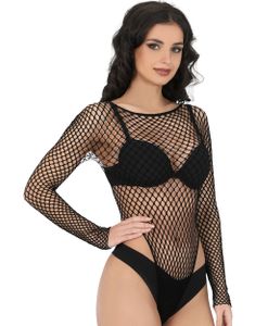 Sexy Svart Mesh Body med Lange Ermer - Onesize