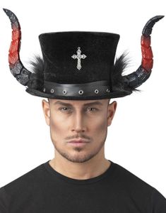Svart Gotisk Djevel Flosshatt med Horn, Pels og Kors
