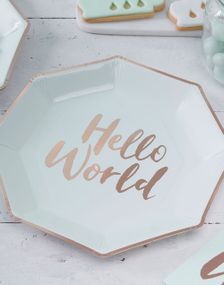 8 stk Mintgrønne Papptallerkener med Foliert Gullfarget Tekst 25 cm - Hello World