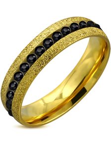6 mm Gullfarget Glitrende Stålring Fattet med Svarte CZ Stener
