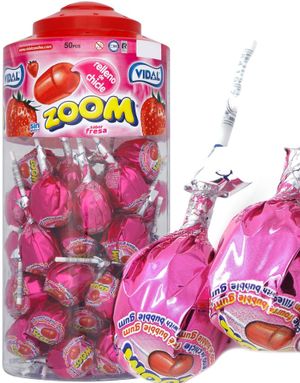 50 stk Vidal Zoom Lollipops / Store Kjærligheter med Jordbærsmak og Tyggis-Kjerne