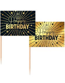 50 Stk Happy Birthday Mat/Kakeflagg 6,5 cm - Svart og Gull
