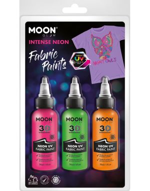 3 stk Neon UV/Blacklight 3D Tekstilmaling i Rosa, Orange og Grønn 30 ml