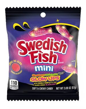 Swedish Fish Glowups - UV-Reaktive Vingummifisker med Jordbær og Vannmelonsmak 87 gram (USA Import)