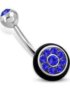 Sølvfarget Navlepiercing med Svart O-ring og Blå CZ Stener