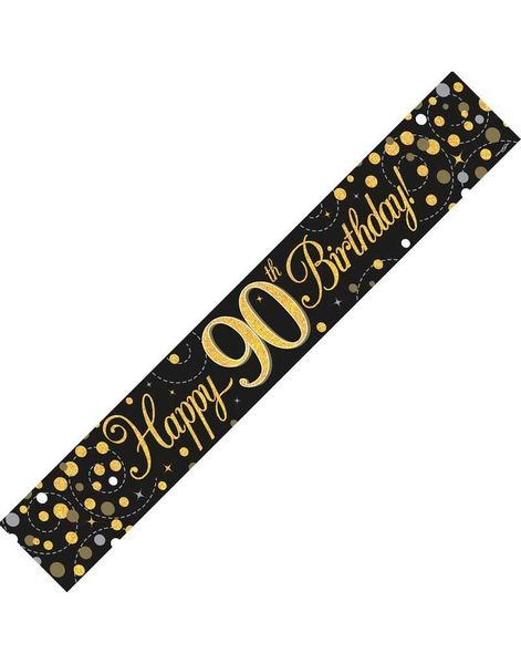 Happy 90th Birthday - 2,7 Meter Svart og Gullfarget Holografisk Banner