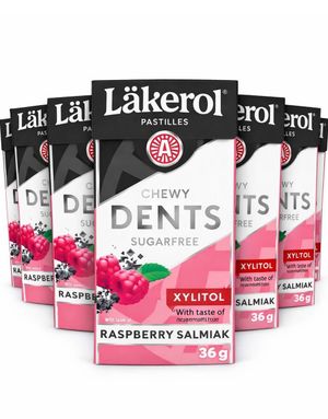 24 stk Läkerol Dents Raspberry Salmiak / Sukkerfrie Pastiller med Bringebær- og Salmiakksmak - Hel Eske 864 gram