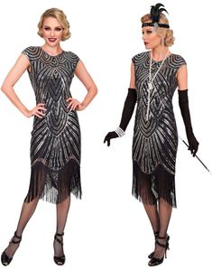 Roaring 20's Gatsby Flapper - Svart og Sølvfarget Luksus Flapperkjole til Dame