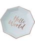 8 stk Mintgrønne Papptallerkener med Foliert Gullfarget Tekst 25 cm - Hello World
