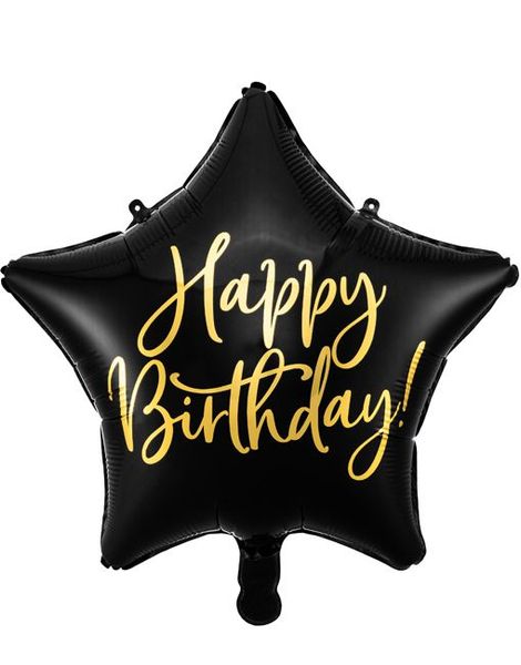 Happy Birthday! - Stjerneformet Svart Folieballong med Metallisk Gullskrift 40 cm