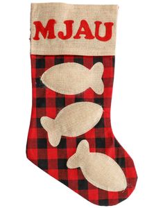 "Mjau" - Julestrømpe til Katt - Rød/Svart med Fisker