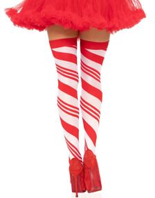 Røde og hvite “candy cane” lårstrømper i elastan