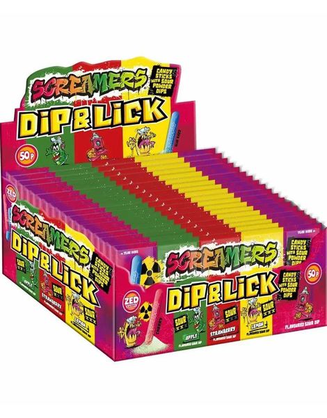 24 stk Zed Candy Screamers Dip & Lick - Godteristenger med Surt Bruspulver - Hel Eske 0,96 kg