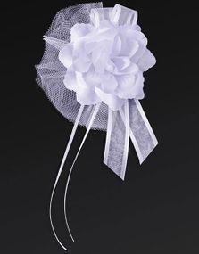 4 stk Hvite Blomster med Tyll og Satinbånd 14 cm