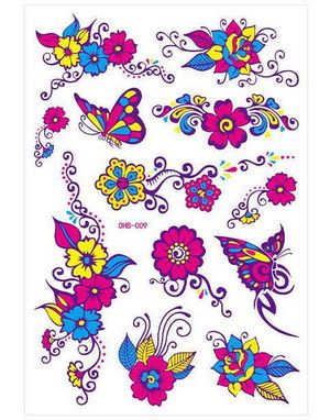 Ark med Forskjellige Fluorescerende Blomster og Sommerfugl Tatoveringer (UV Fake Tattoo)