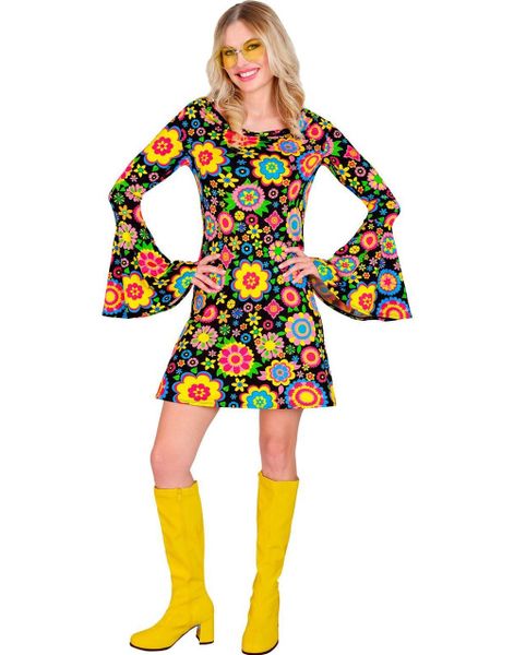 60's Kort Svart Hippiekjole med Fargerike Blomster til Dame