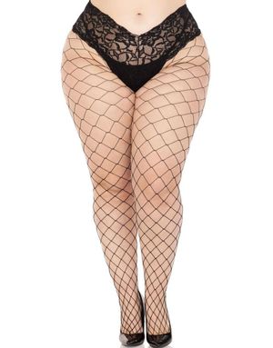 Svart strømpebukse i grovt nettingmønster med blonde boyshorts-topp - Plus Size