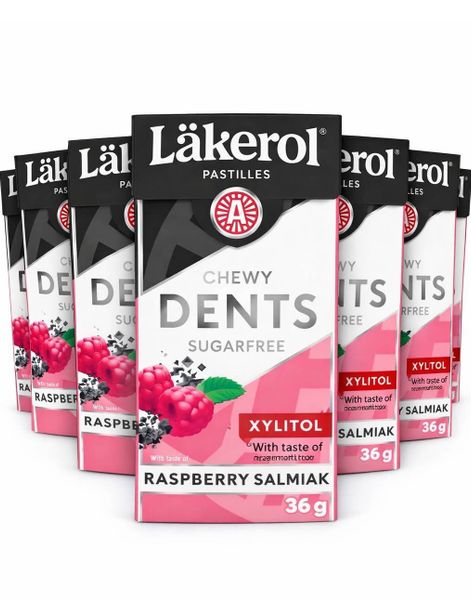 24 stk Läkerol Dents Raspberry Salmiak / Sukkerfrie Pastiller med Bringebær- og Salmiakksmak - Hel Eske 864 gram