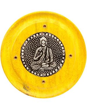 Gul Rund Røkelsesholder i Mango-Tre med Buddha Motiv 9,5 cm