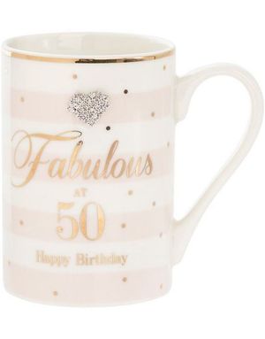 Hvit og Lysrosa Porselenkrus - Fabulous 50th Birthday 