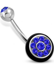 Sølvfarget Navlepiercing med Svart O-ring og Blå CZ Stener