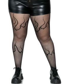 Svart Nettingstrømpebukse m/ Flamme Mønster Plus Size