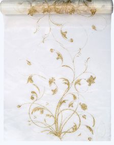KREMHVIT Organzaløper med Gullfargede Glittermotiver 36 cm x 9 meter